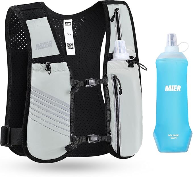MIER Running Vest for Women Men, Lightweight Breathable Hydration Vest with 500ml Soft Flask Reflective Hydration Backpack for Marathon Cycling Hiking Jogging