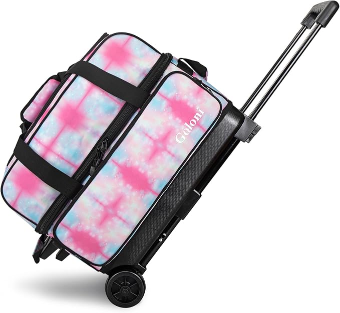Goloni Double Roller 2 Ball Bowling Bag with Separate Shoe Compartment,2 Ball Bowling Bag with Wheels,Retractable Handle Extends to 40"
