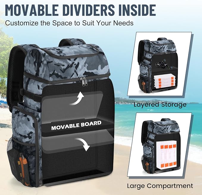 VJI Fishing Tackle Backpack with Rod Holder, Large Tactical Backpack, Fishing Gear Tackle Box Tactical Backpack, Water Resistant Sport Bag and Equipment