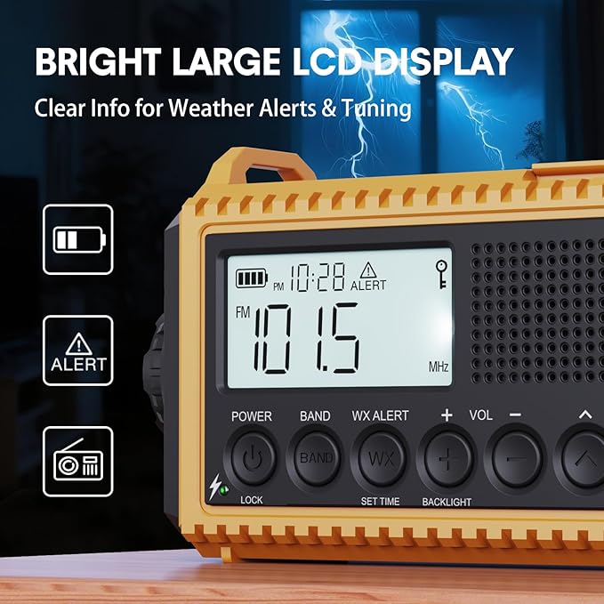 Emergency Radio12000mAh, Weather Radio 6 Ways Powered, Solar Hand Crank Radio Flashlight Cell Phone Charger, AUTO NOAA AM/FM/SW Portable Radio Rechargeable, Reading Lamp, SOS Alarm for Emergencies