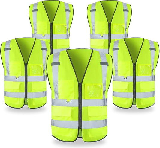 FATONE Hi Vis Safety Vest for Men with Reflective Strips, Class 2 High Visibility Vest with Pockets for Construction, Traffic, Warehouse, Security, Volunteer, 5 Pack Yellow, XL