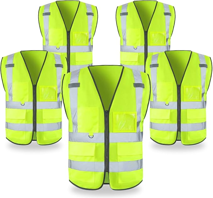 FATONE Hi Vis Safety Vest for Men with Reflective Strips, Class 2 High Visibility Vest with Pockets for Construction, Traffic, Warehouse, Security, Volunteer, 5 Pack Yellow, S