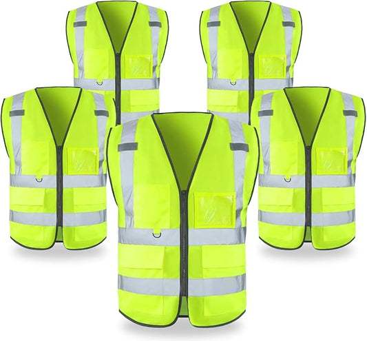 FATONE Hi Vis Safety Vest for Men with Reflective Strips, Class 2 High Visibility Vest with Pockets for Construction, Traffic, Warehouse, Security, Volunteer, 5 Pack Yellow, S