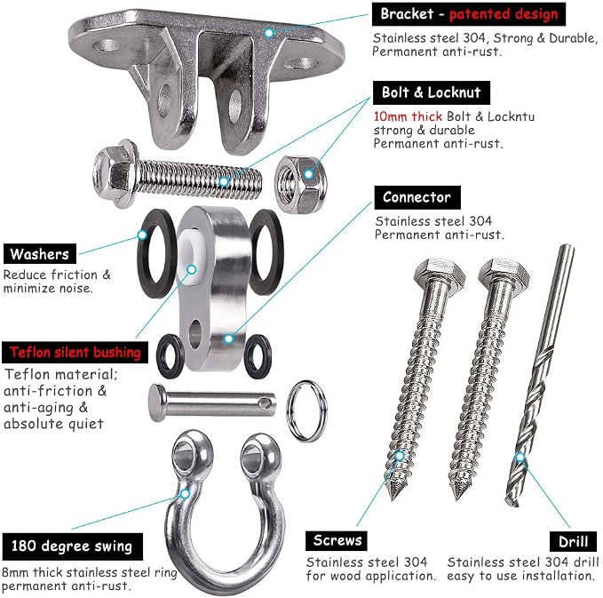 IOH Heavy Duty Swing Hanger Stainless Steel 304 Antirust - 2000 lb Capacity, 180 Silent, Playground Porch Yoga Seat Trapeze, Hammock Chair, Hanging Kit, Indoor Outdoor Set, Patent Design