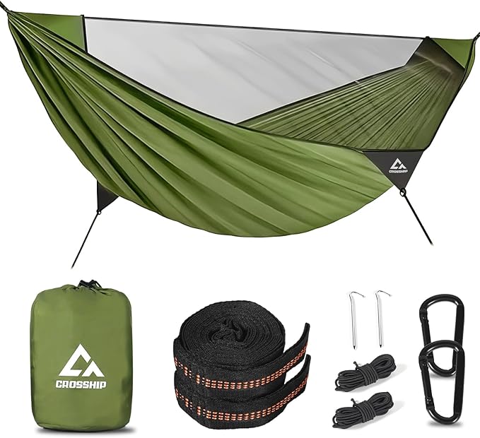 Camping Hammock with Mosquito Net – Portable Parachute Nylon Backpacking Hammock with Tree Straps, Camp Rope & Stake - for Hiking, Backpacking, Travel, Backyard, Beach – Holds Up to 500lbs (Green)