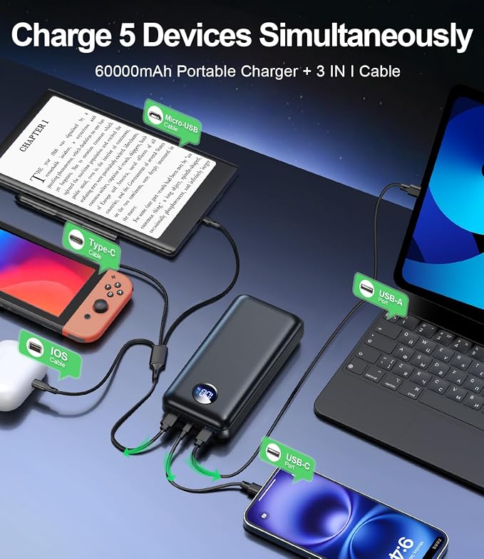 60000mAh Portable Phone Charger with 22.5W Fast Charging USB-A& USB-C Ports, Slate