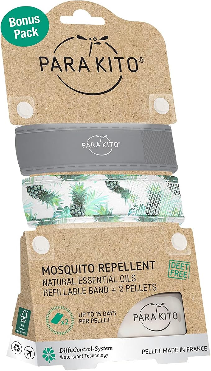 PARA'KITO Mosquito Repellent Bracelets + Refill Pellets Bundle, Mosquito Bracelets, Peppermint Oil, DEET Free Mosquito Repeller, Hiking Accessories, 2 Wristbands & 2 Refills (Smokey Grey+Pineapple)