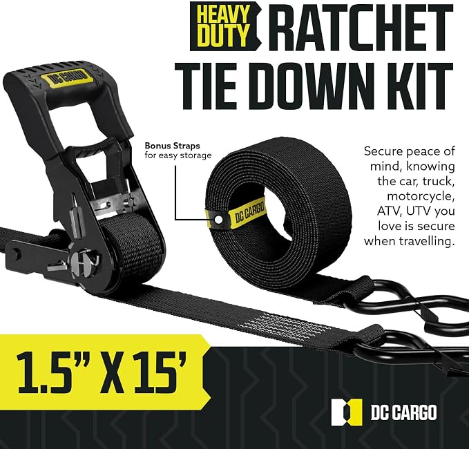 DC Cargo Mall Ratchet Straps Tie Downs 4 Pack (5,000 LB Break Strength) 1.5" x 15 Feet Tie Down Straps with Safety Lock S Hooks for Cargo, Trucks, Appliances, Moving.