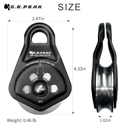30kN Upgraded Rescue Single Pulley Sheave with Swing Plate,CE High Strength Pulley for Backyard Zipline, Climbing, Rock Rescue Lifting, Hauling, Fit Rope up to 13 mm/Holds Up to 6750lbs,Black