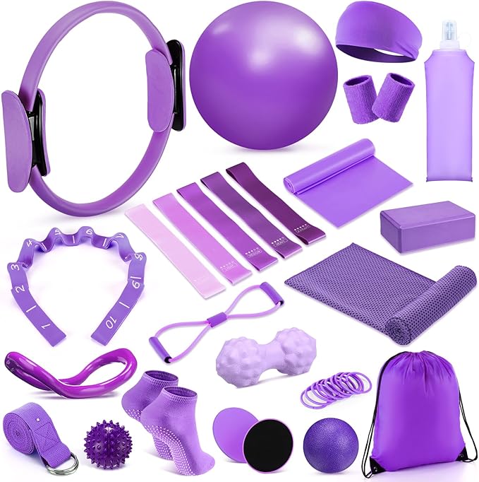 Halloscume 24 Pcs Pilates Kit, Home Pilate Equipment for Women, Pilates Ring and Ball Set with Stretching Strap, Water Bottle, Magic Circle, Yoga Ring, Gym Bag, Resistance Band, Anti Slip Sock