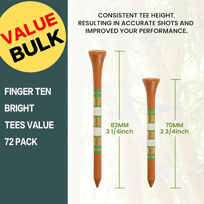 FINGER TEN Premium Bamboo Wood Golf Tees Unique Box Design 18-Pack Per Box Value 18/72/180 Pack, Wooden Tees in 2 3/4" 3 1/4" Durable for Golfers, USA Flag Design Pro Tee Choice