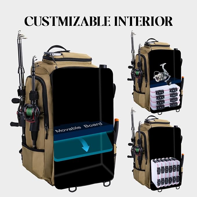 Goture 40L Fishing Tackle Backpack Khaki, Water-Resistant Fishing Bag with Cooler Compartment & Rain Cover for Saltwater