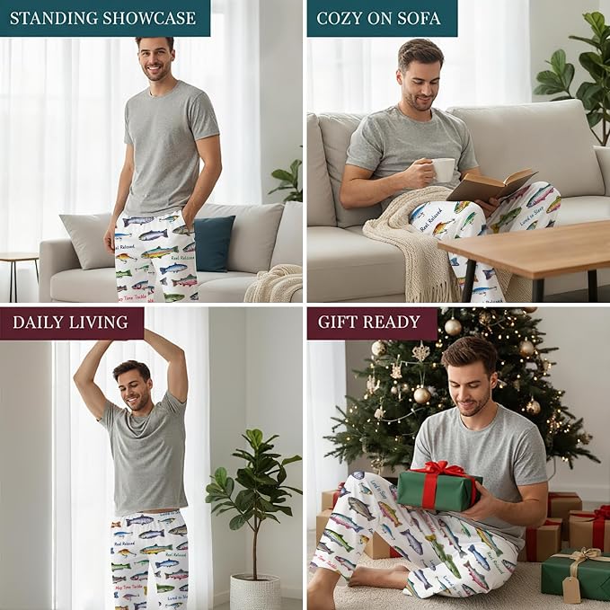 GNEW Fish Pajama Pants – Funny Fishing Lover Sleepwear, Cozy Unisex Lounge Pants Gift for Men Women