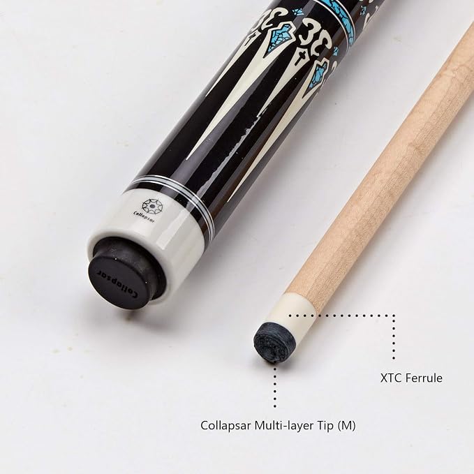 Collapsar CXT Pool Cue with Soft Case,Black with Cream Points and Turquoise,Wrapless Handle 58Inch Professional Pool Stick