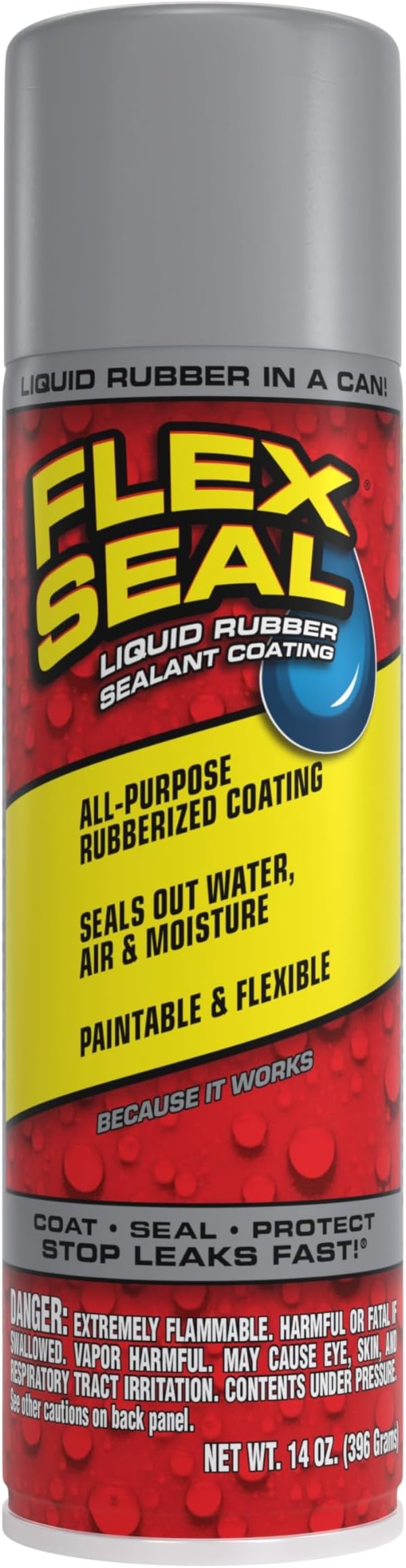 Flex Seal, 14 oz, 1-Pack, Gray, Stop Leaks Instantly, Waterproof Rubber Spray On Sealant Coating, Perfect for Gutters, Wood, RV, Campers, Roof Repair, Skylights, Windows, and More