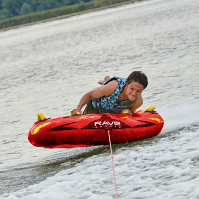 RAVE Sports Razor Inflatable Towable Tube, 1-2 Riders, Unique Skim-Fast Bottom Coating, Nylon Cover, Four Foam-Filled Reinforced Handles, Quick Connect Tow Point, Boat Tubes and Towables