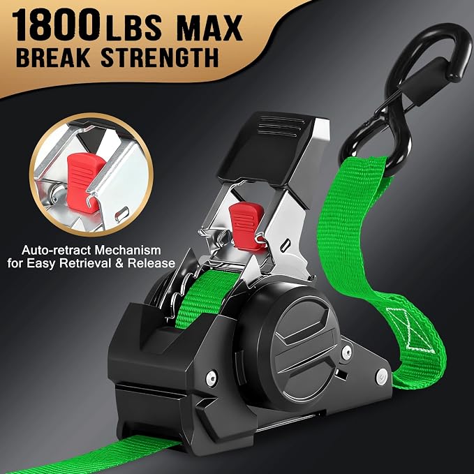 Retractable Ratchet Straps (4-Pack) - 1 in x 10 Ft (1800 LB Break Strength) Heavy Duty Self Retracting Ratchet Straps with Soft Loops & Storage Bag for Household, Motorcycle, Truck, ATV(Green)