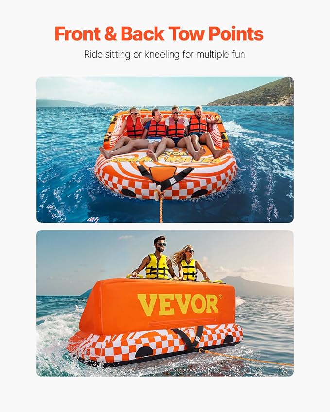 VEVOR Towable Tube for Boating, 1-4 Riders Inflatable Boat Tubes and Towables, 680lbs Water Sport Towable Tube for Boat to Pull - with Full Nylon Cover, 22 Grab Handles, Dual Tow Points & Safety Valve