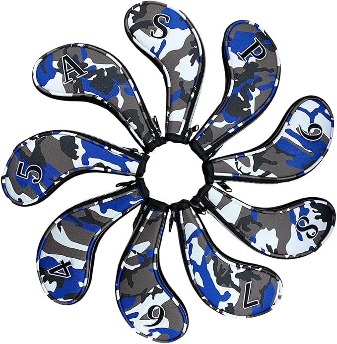 9pcs PU Leather Camouflage Blue Zipper Long Neck Design Golf Iron Headcovers Both Side Number Golf Iron Club Head Cover LH RH Covers #4-9,P,S,A