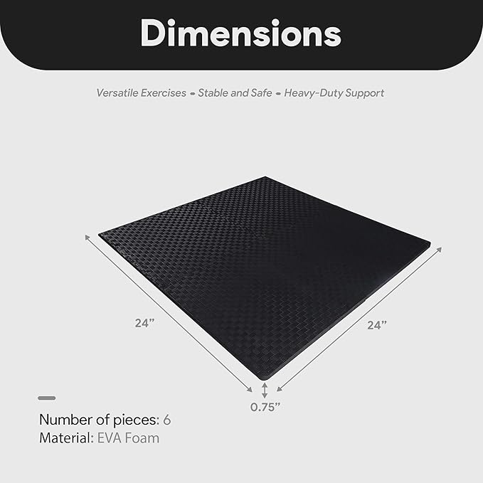BalanceFrom 6 Piece Foam Floor Mat Puzzle Tiles, 3/4” Thick, 24 Sq Ft, Black