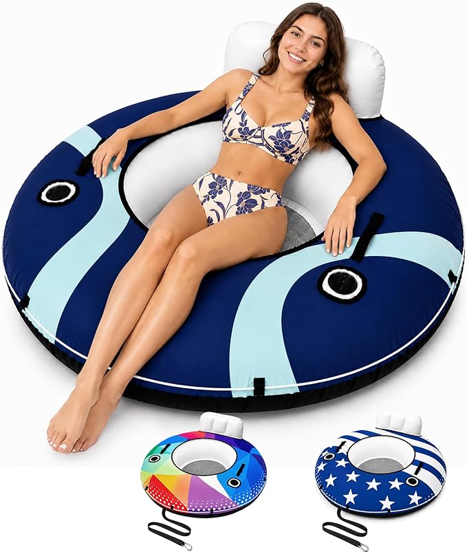 ZEALFEEL River Tube, 53'' River Float Tube with Premium Canvas Cover, Comfortable Backrest, 2 Built-in Cup Holders, Tow Strap & Handles, Inflatable PVC Water Inner Tubes for Adults Lake Pool Floating