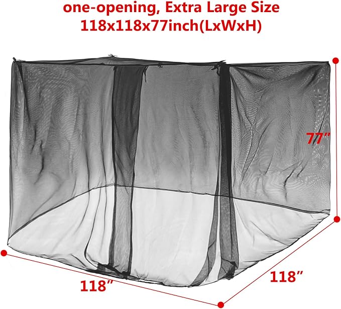 Camping Mosquito Net 10'x10' Ultra Large Black Outdoor | One-opening 118"x118"x77", Bottom Fixing Strap, Insect Netting Mesh, w/ Carrying Bag for Camping, Picnic, Patio, Trips