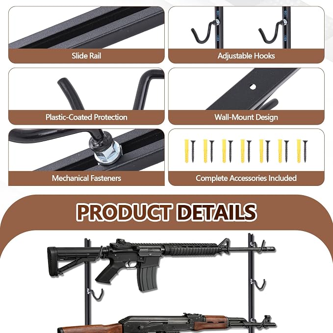 Zonon Gun Racks for Wall Holds up 5 Guns Adjustable Steel Gun Rack Wall Mount Rifle Shelf Display Stand for Indoor Securely Hold, Fishing Rod Pole Rack