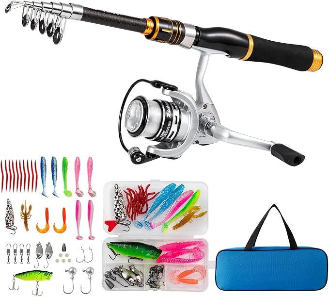 Telescopic Fishing Rod and Reel Combo, Complete Fishing Kit with Lures Tackle Box, Freshwater Saltwater Spinning Rod for Bass Trout Fishing Pole Beginner (5.2ft)