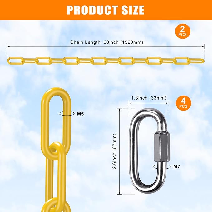 SELEWARE 2 Pack 60 Inch Hanging Swing Chain with 4 Carabiners, 1000LB Capacity Plastic Coated Hanging Chains, Hammock Hardware Kit for Swing, Hanging Chair, Punching Bags, Indoor Outdoor Gym (Yellow)