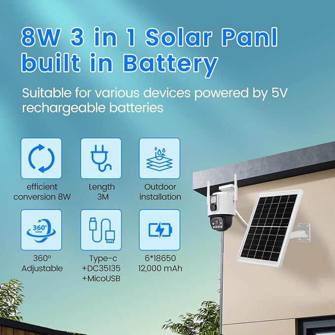 Solar Panel for Device DC 5V Type-C Micro USB DC Port builit in 12000mAh Battery for Cameras Also with 9.8ft Charging Cable IP65 Waterproof