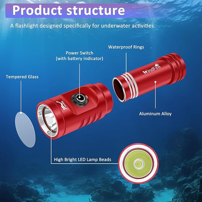 WINDFIRE TS08 Dive Light Super Bright, Scuba Flashlight Rechargeable, IP68 Waterproof 197 ft Depth Underwater Flashlight, 3 Modes & Power Indicator, Snorkeling Torch for Night Diving