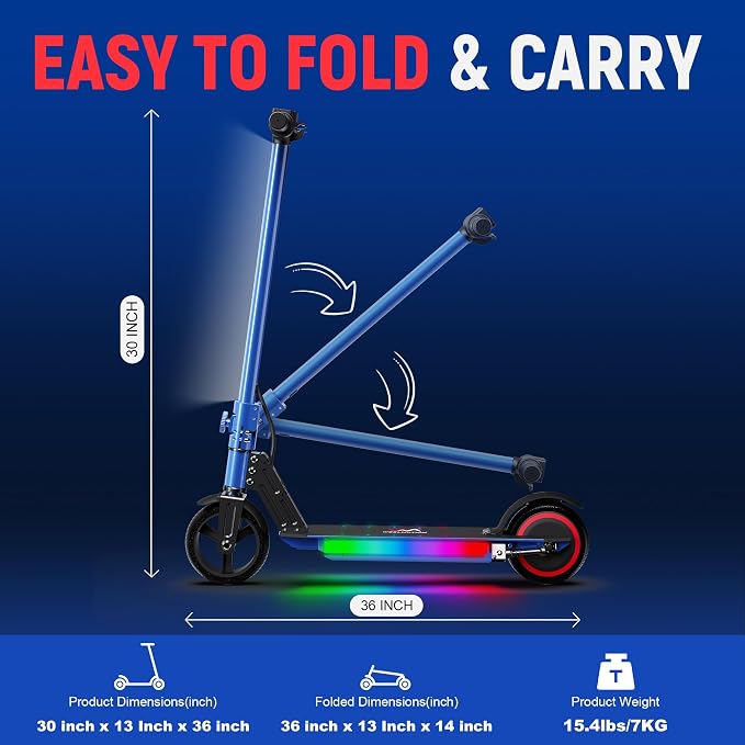 Classic Foldable Electric Scooter for Kids, Bright Front Lights, Shining Pedal Lights, LED Display, Dual Brakes 150W Motor Kids Electric Scooter, UL2272 Certified