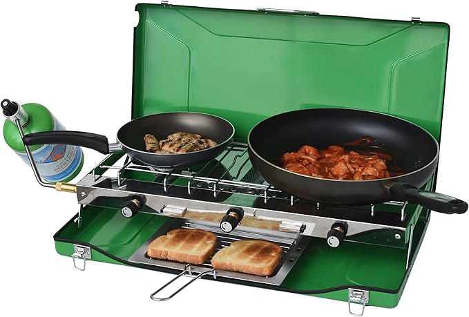 Flame King YSNBBQ-136M 3-Burner Portable Camping Stove Grill w/Toast Tray, Great for Outdoor Cooking, Backpacking, Hiking, & Emergency, Compatible with 1LB Propane Gas Bottle