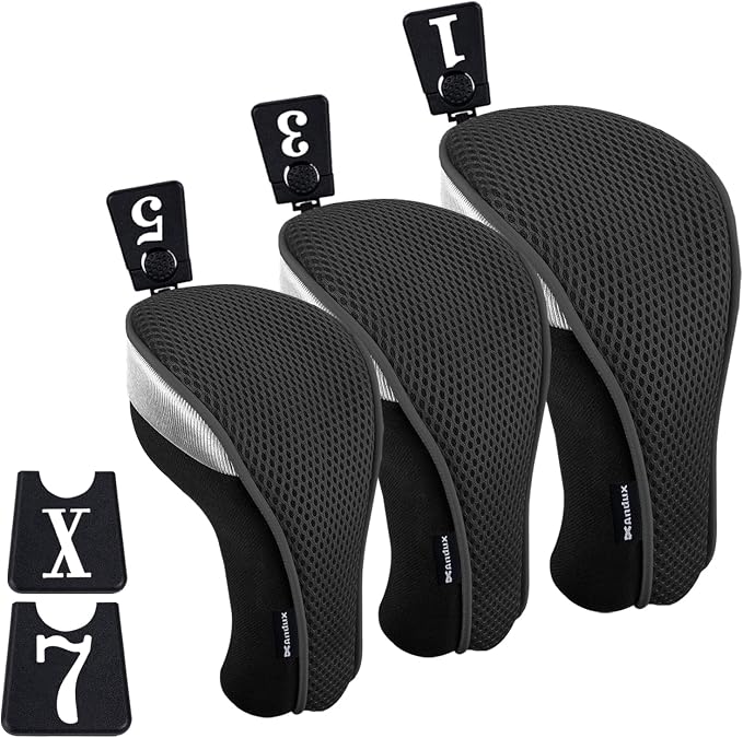 Andux 3pcs/Set Golf 460cc Driver Fairway Wood Club Head Covers | with interchangeable NO. Tags | Mesh Breathable material | Short Neck | Coloured Piping | Pull-On Closure