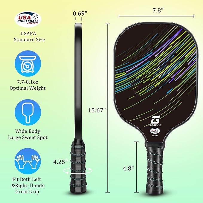 GARYE Pickleball Paddles Set of 2 or 4, USAPA Approved Carbon Fiber Pickleball Set, Lightweight Pickle Ball Rackets 2 Pack with 6 Balls, 1 Bag, Pair of Grip Tapes, Pickle Ball Paddle for Men and Women