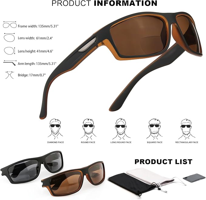 Missfive 2-Pack Mens Ultimate Bifocal Sunglasses with Readers Built In Sporty Upgraded Wrap Frame, UV400 Protection Driving & Reading Glasses for Outdoor +2.75 (Dark/Brown)