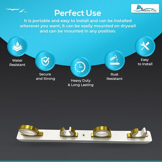 MARINE CITY 4-Rod Reel Fishing Rod Storage Hanger Rack with White Poly Board – Aluminum Gold Powder Coating, Ideal for Marines, Boats, Vans, and Cars (Pack of 1)