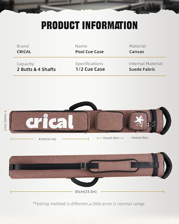CRICAL Pool Cue Case 2x4 Hard Pool Stick Case Holds 2 Butts and 4 Shafts for Adults Billiard Cue Case with Soft Shoulder Straps