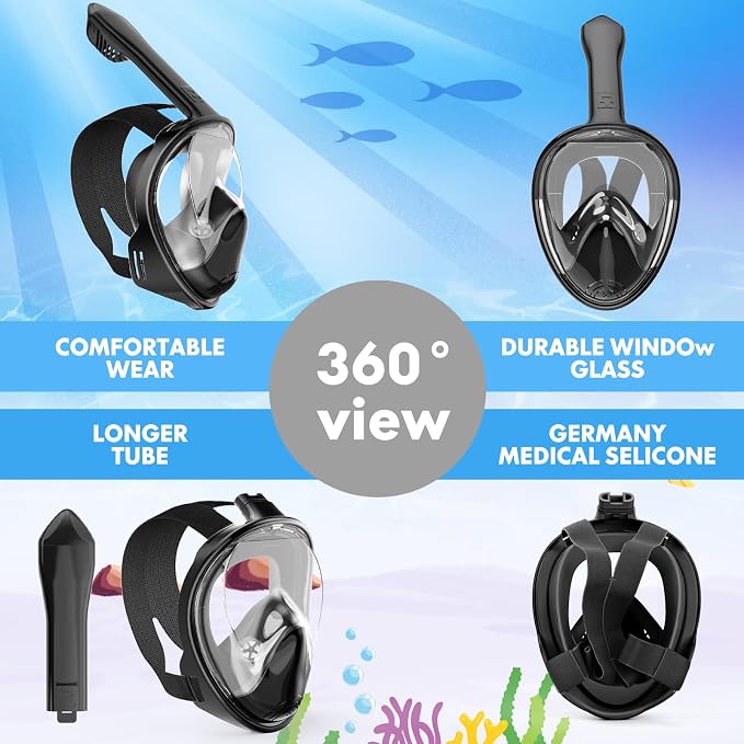 Kids Snorkel Mask Full Face, Snorkeling Gear for Kids with Camera Mount, 180 Degree Panoramic View Snorkeling Set Anti-Fog Anti-Leak