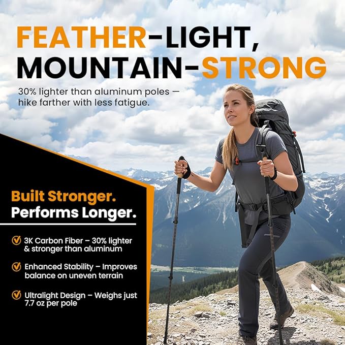 3K Carbon Fiber Trekking Poles, Collapsible Set of 2 Lightweight Adjustable Hiking Poles 24.5"-54" with Cork Grip, Tungsten Carbide Tips, Black, Includes Carry Bag, Snow & Mud Baskets