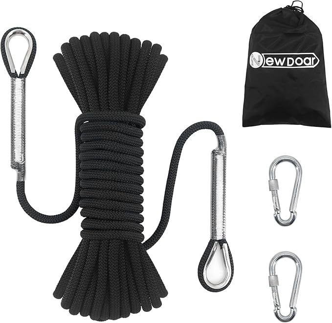 NewDoar 14KN Static Climbing Rope 8mm(5/16in) Accessory Cord Equipment 33FT(10M) 66FT(20M) 98FT(30M) 165FT(50M) Escape Rope with 2 Carabiners for Ice Climbing Equipment Fire Rescue Rope-Black/50M