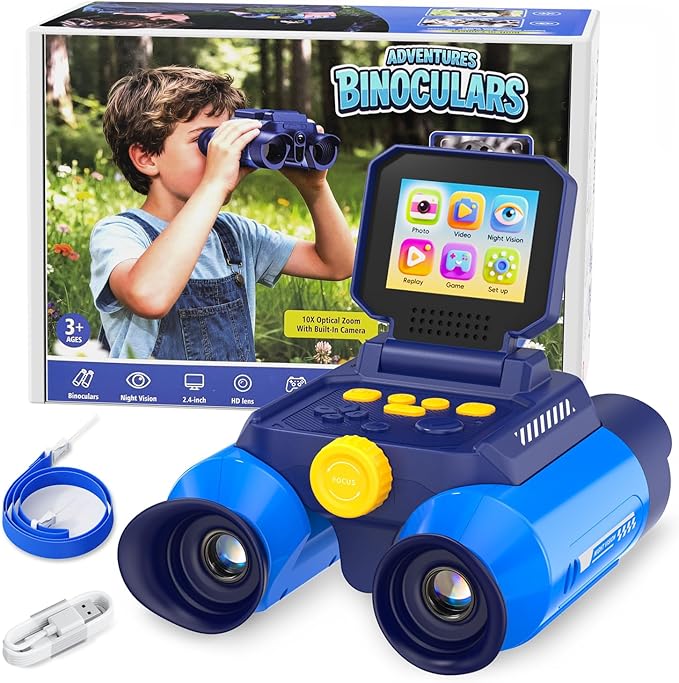 Kids Binoculars with Night Vision Camera, 10X Zoom Digital Adventures Telescope with 2.4" IPS Screen, Nature Explorer STEM Toys for Bird Watching Camping, Gifts for Boys Girls Age 4-12 - Azure