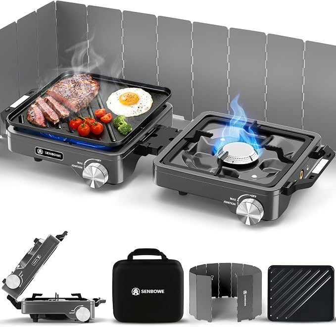 2-Burner Pro Camping Stove,24000 BTU Camp Stove,Foldable Propane Stove Includes Carry Bag,Windscreen Griddle, Portable Stove,Camping Essentials,Suitable For Outdoor Cooking,Tailgating,Grilling (Gray)