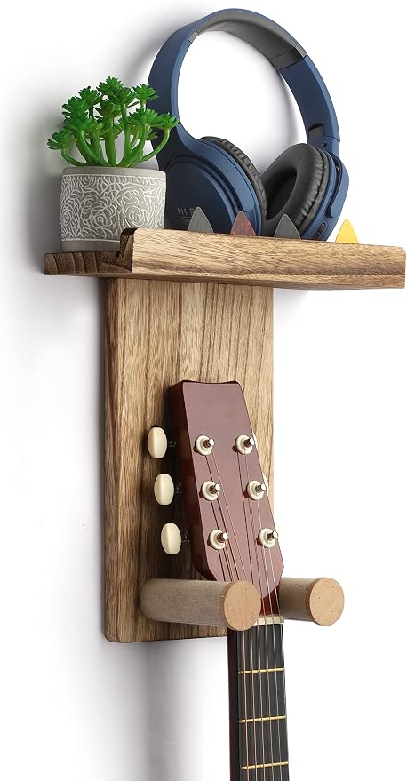 Keebofly Guitar Wall Mount Hanger with Rustic Wood Shelf- Single Pack, Wall Hook Rack for Acoustic/Electric Guitars, Bass & Ukulele, (Brown,Patented)