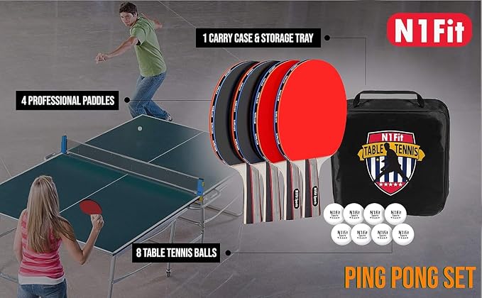 N1fit Ping Pong Paddles - Set of 4 High-Performance 5-Ply Rackets, 8 Professional 3-Star Table Tennis Balls, Portable Storage Case for Indoor-Outdoor Games