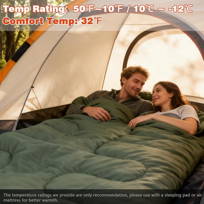 0 Degree Double Sleeping Bag for Adults Queen Size 2 Person Sleeping Bag for Cold Weather with Compression Sack for Car Camping, Hunting and Tent Camp