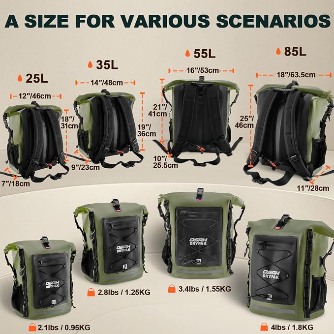 OSAH DRYPAK Waterproof Backpack Dry Bag 25L/35L/55L/85L – Heavy Duty Roll-Top Hiking Backpack Sack Keeps Gear Dry for Travel, Kayaking, Boating, Camping, Rafting and Fishing