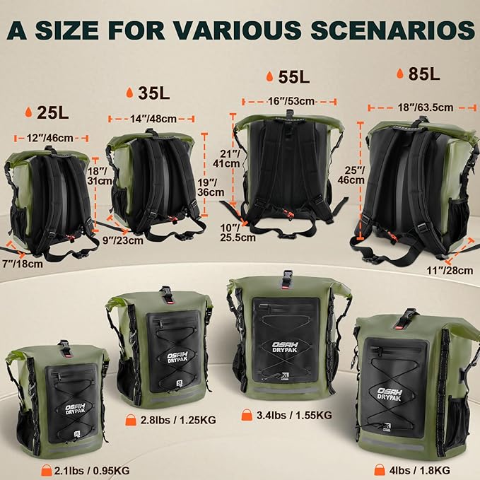 OSAH DRYPAK Waterproof Backpack Dry Bag 35L/55L/85L – Heavy Duty Roll-Top Hiking Backpack Sack Keeps Gear Dry for Travel, Kayaking, Boating, Camping, Rafting and Fishing