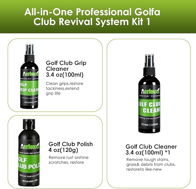 6-in-1 Golf Club Cleaning Kit - Club Cleaner, Grip Cleaner, Polish, Water-Spray Brush,Professional Golf Towel & Portable Bag | Restores Clubs, Removes Rust/Scratches, Renews Tackiness