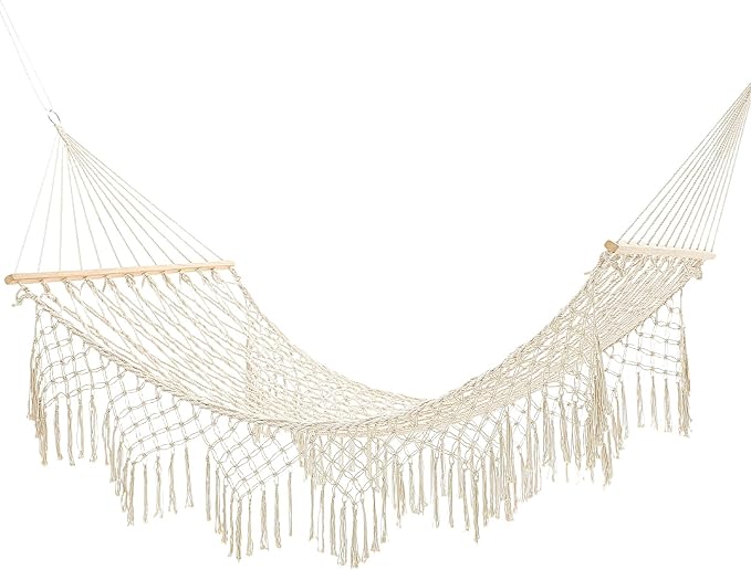 Hand Woven Cotton Rope Hammock, 10 ft Hammock for Patio Garden Yard Porch Camping Beach Indoor Outdoor Hanging Include Rope Straps, 450lb Capacity(White)
